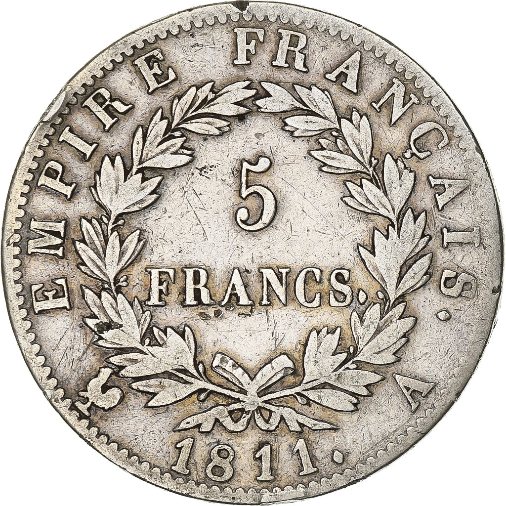 Francja, Napoleon I, 5 Francs, 1811, Paris, Srebro, VF(20-25), Gadoury:584