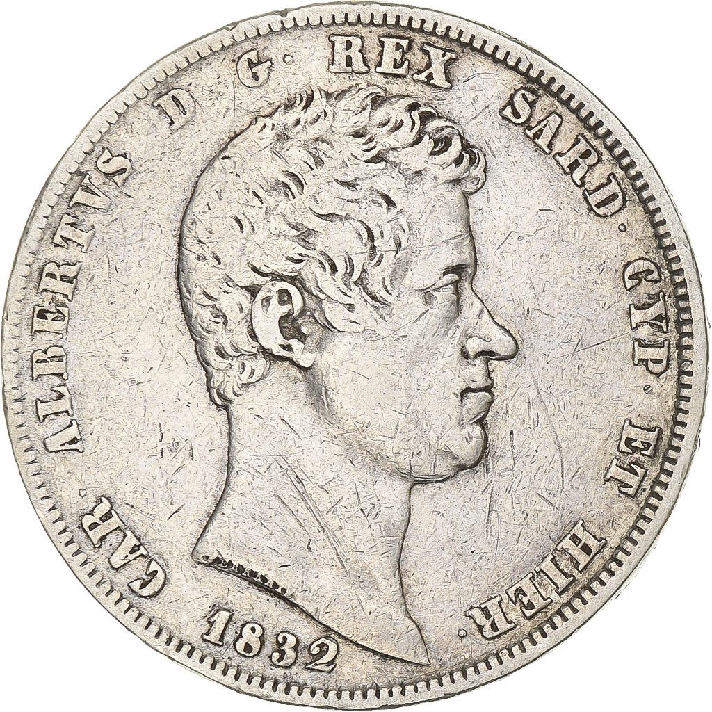 Italian States, SARDINIA, Carlo Alberto, 5 Lire, 1832, Genoa, Silver, VF(20-25)