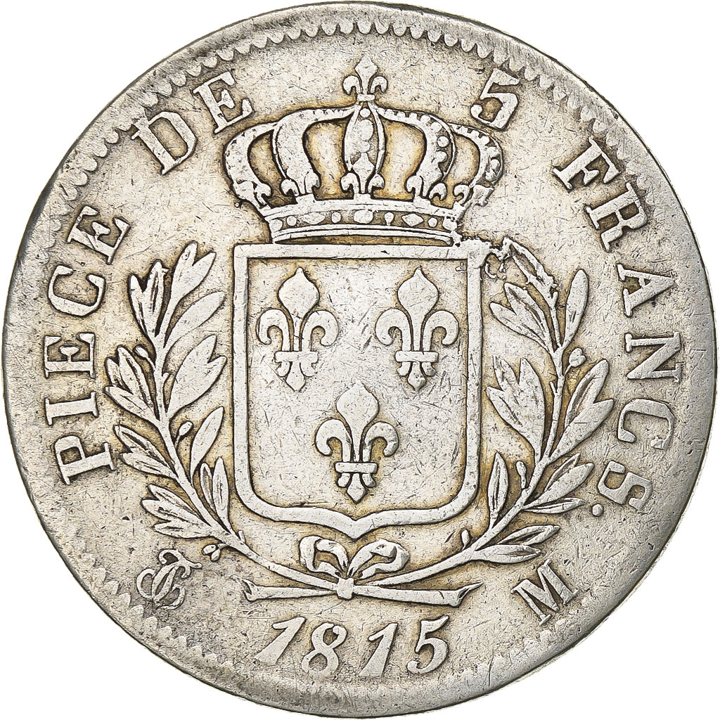 Francia, Louis XVIII, 5 Francs, 1815, Toulouse, Argento, MB, Gadoury:591