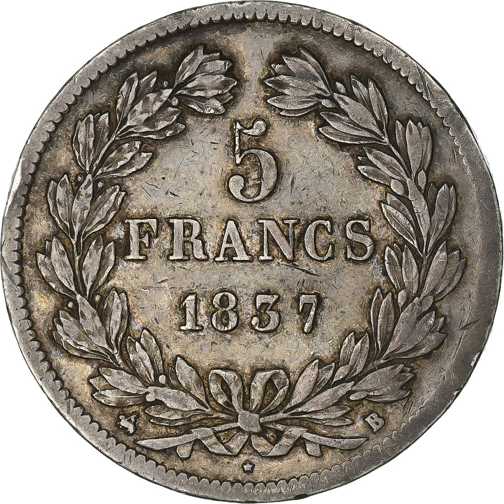 Francia, 5 Francs, Louis-Philippe, 1837, Rouen, Plata, MBC, Gadoury:678