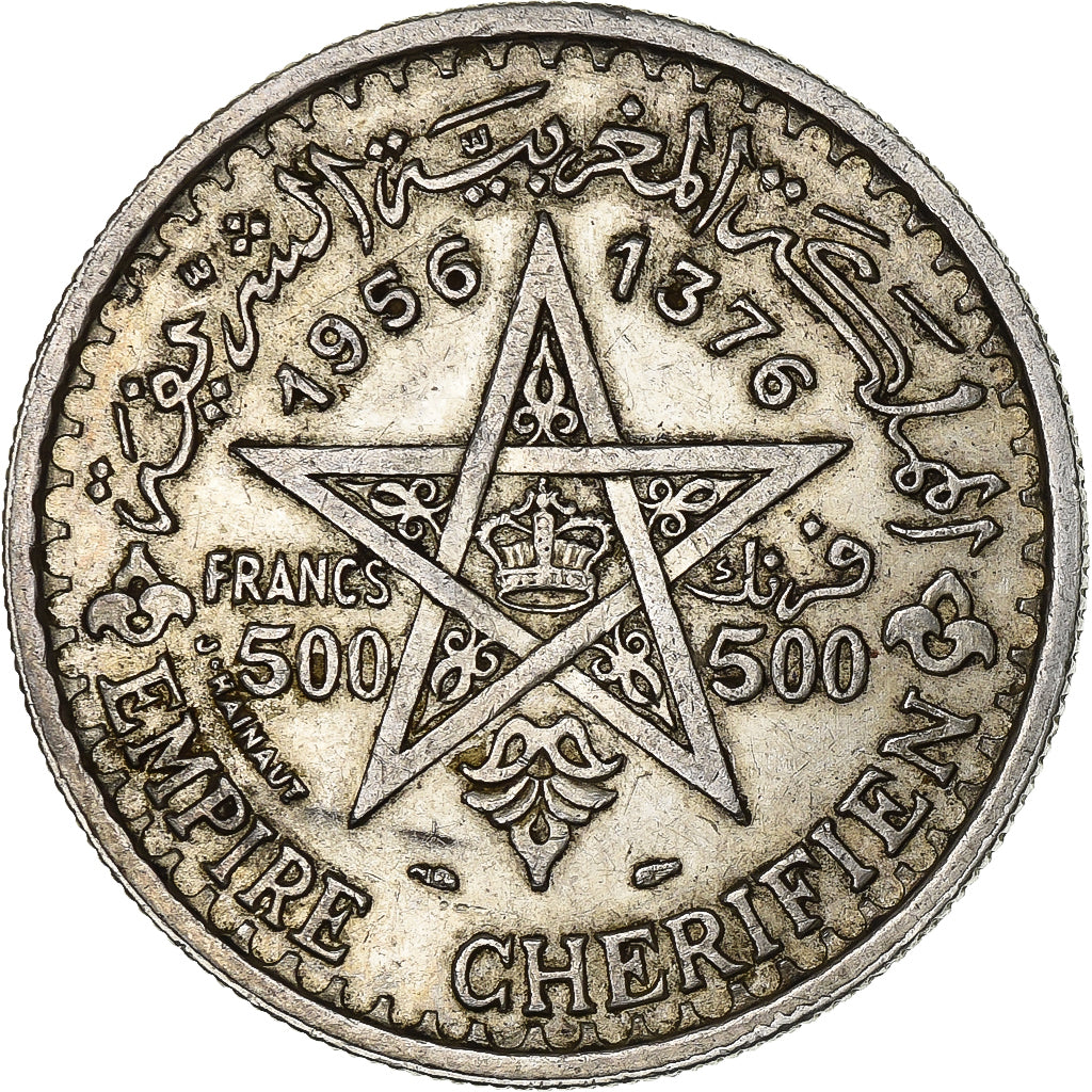 Marocco, Mohammed V, 500 Francs, 1956, Paris, Argento, BB+, KM:54