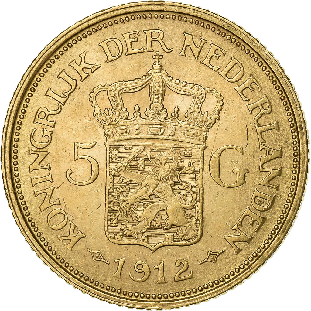 Netherlands, Wilhelmina I, 5 Gulden, 1912, Utrecht, Gold, MS(63), KM:151