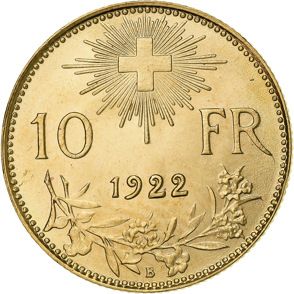 Switzerland, 10 Francs, 1922, Bern, Gold, MS(63), KM:36