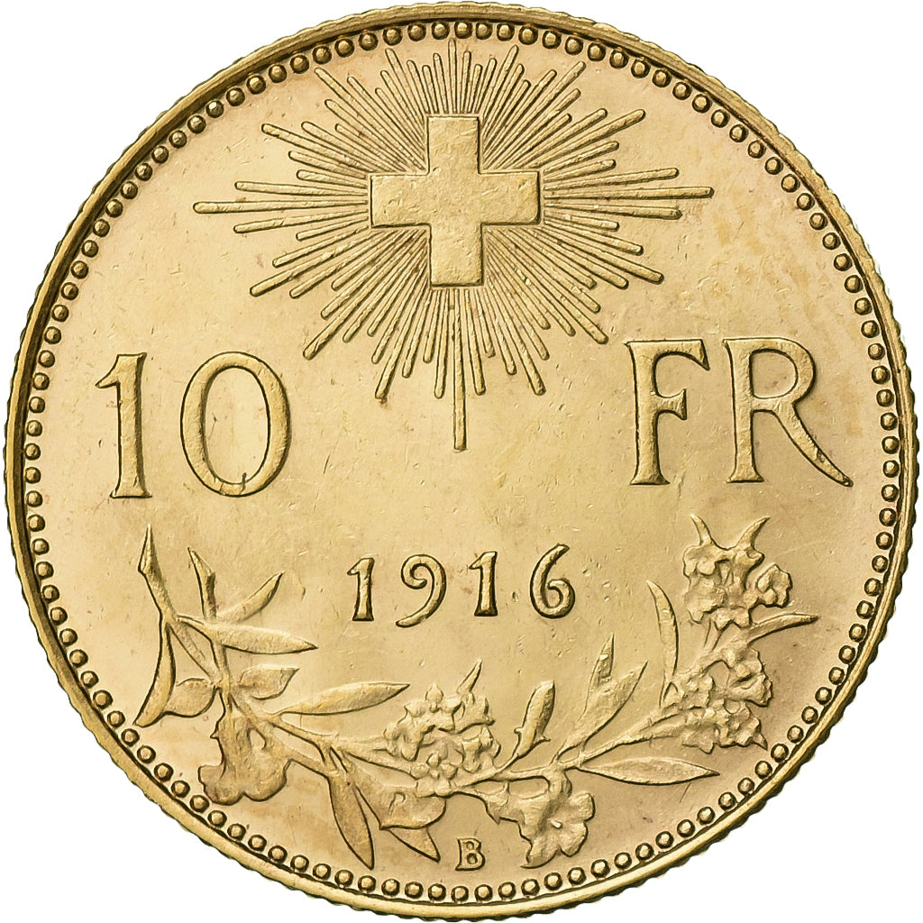 Switzerland, 10 Francs, 1916, Bern, Gold, MS(63), KM:36