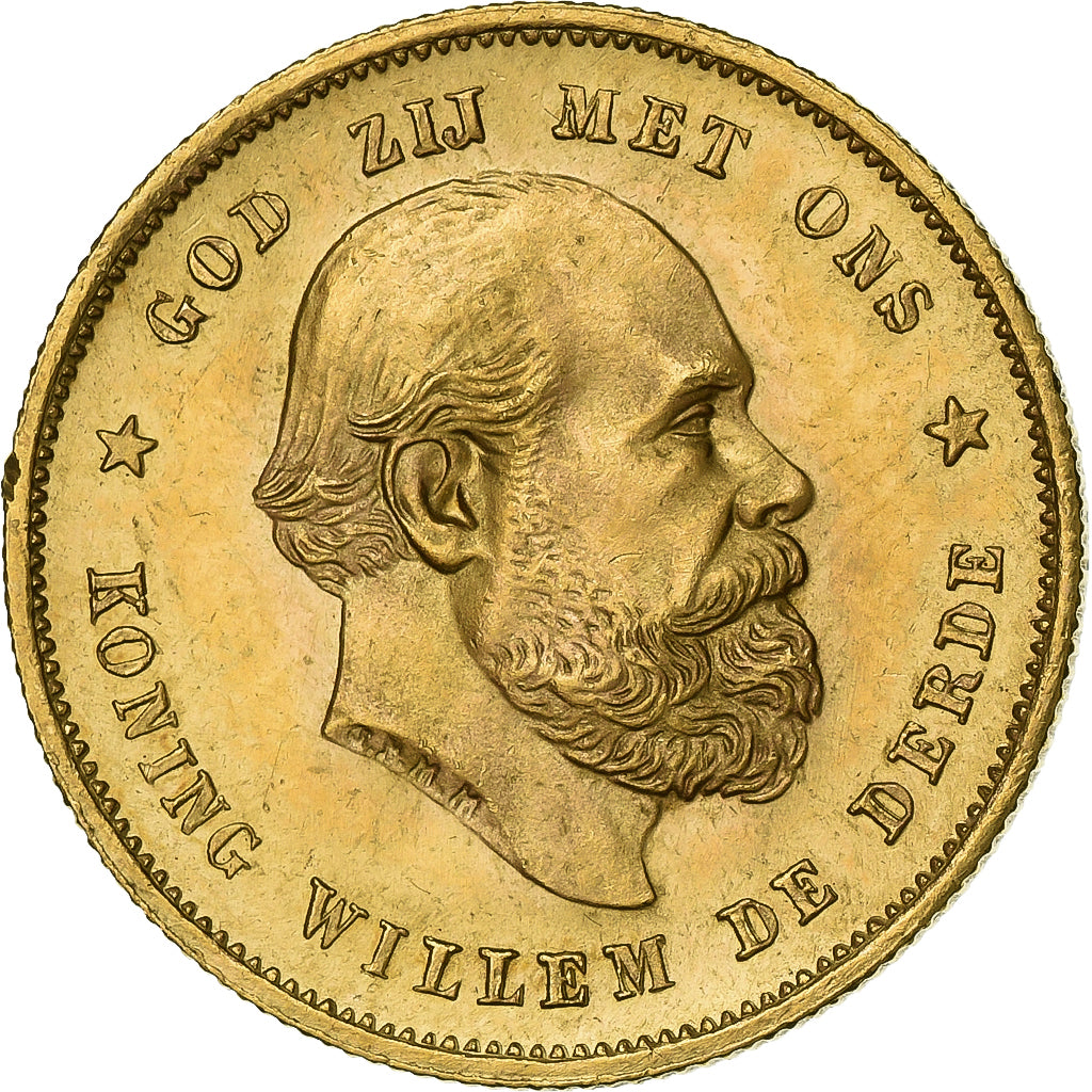 Netherlands, William III, 10 Gulden, 1877, Gold, MS(60-62), KM:106
