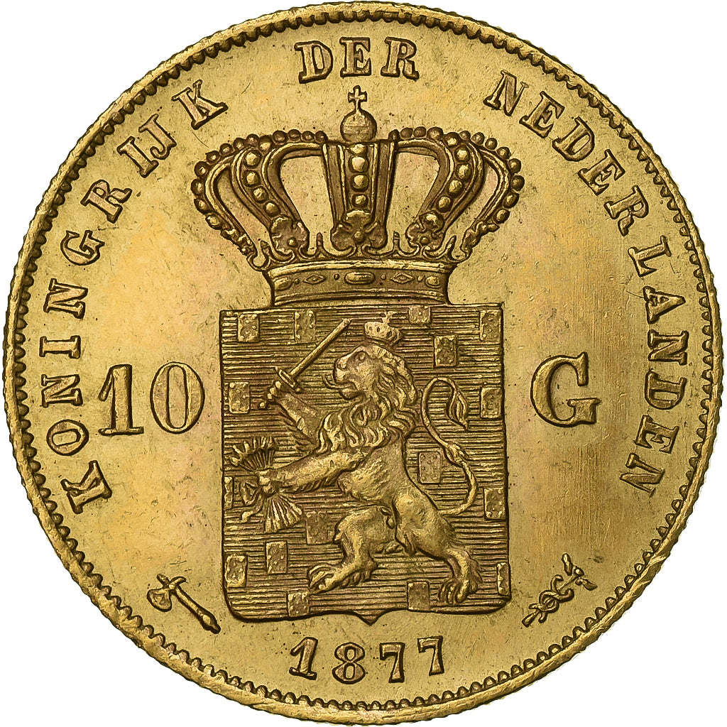 Netherlands, William III, 10 Gulden, 1877, Gold, MS(60-62), KM:106