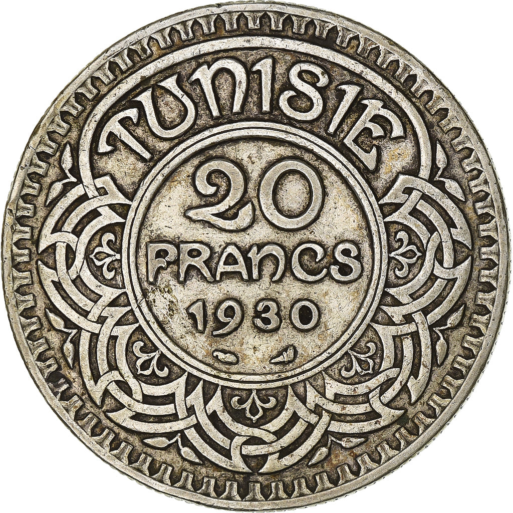 Tunisia, Ahmad Pasha Bey, 20 Francs, 1930, Paris, Argento, BB, KM:256