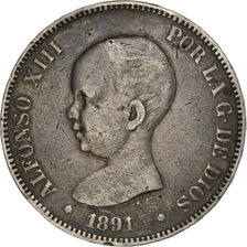 Spagna, Alfonso XIII, 5 Pesetas, 1891, Argento, MB, KM:689