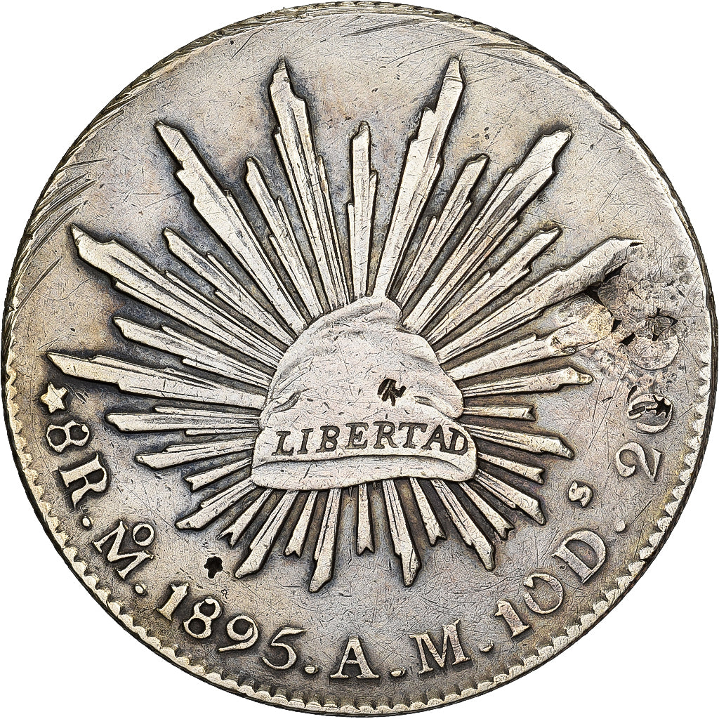 Messico, 8 Reales, 1895, Mexico City, Contremarque, Argento, MB+, KM:377.10