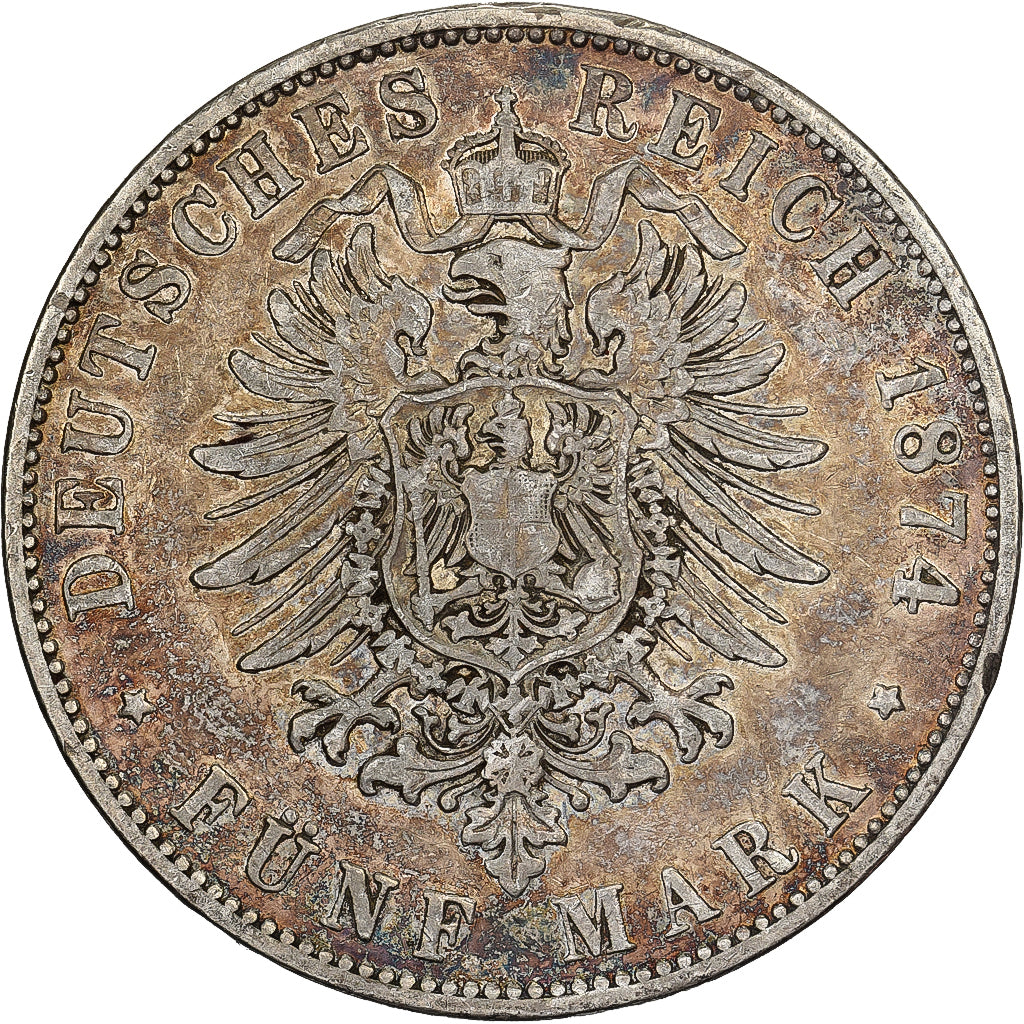 Stati tedeschi, BAVARIA, Ludwig II, 5 Mark, 1874, Munich, Argento, MB+, KM:896