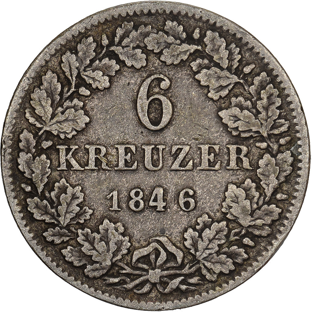 Niemcy, HESSE-DARMSTADT, Ludwig II, 6 Kreuzer, 1846, Srebro, VF(30-35), KM:318