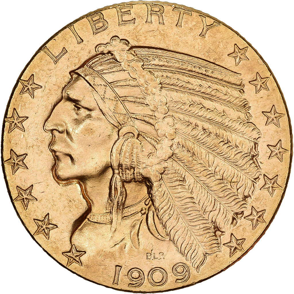 États-Unis, $5, Half Eagle, Indian Head, 1909, Denver, Or, SUP+, KM:129