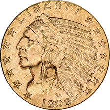 États-Unis, $5, Half Eagle, Indian Head, 1909, Denver, Or, SUP+, KM:129