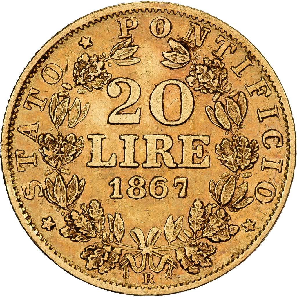 Italiaanse staten, PAPAL STATES, Pius IX, 20 Lire, 1867, Rome, Goud, ZF