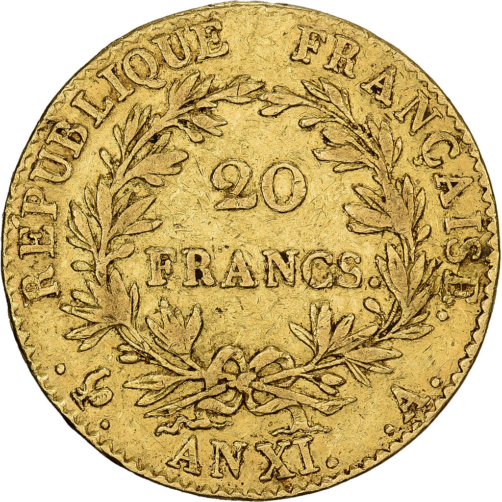 Francja, Napoleon I, 20 Francs, An XI, Paris, Złoto, VF(30-35), Gadoury:1020