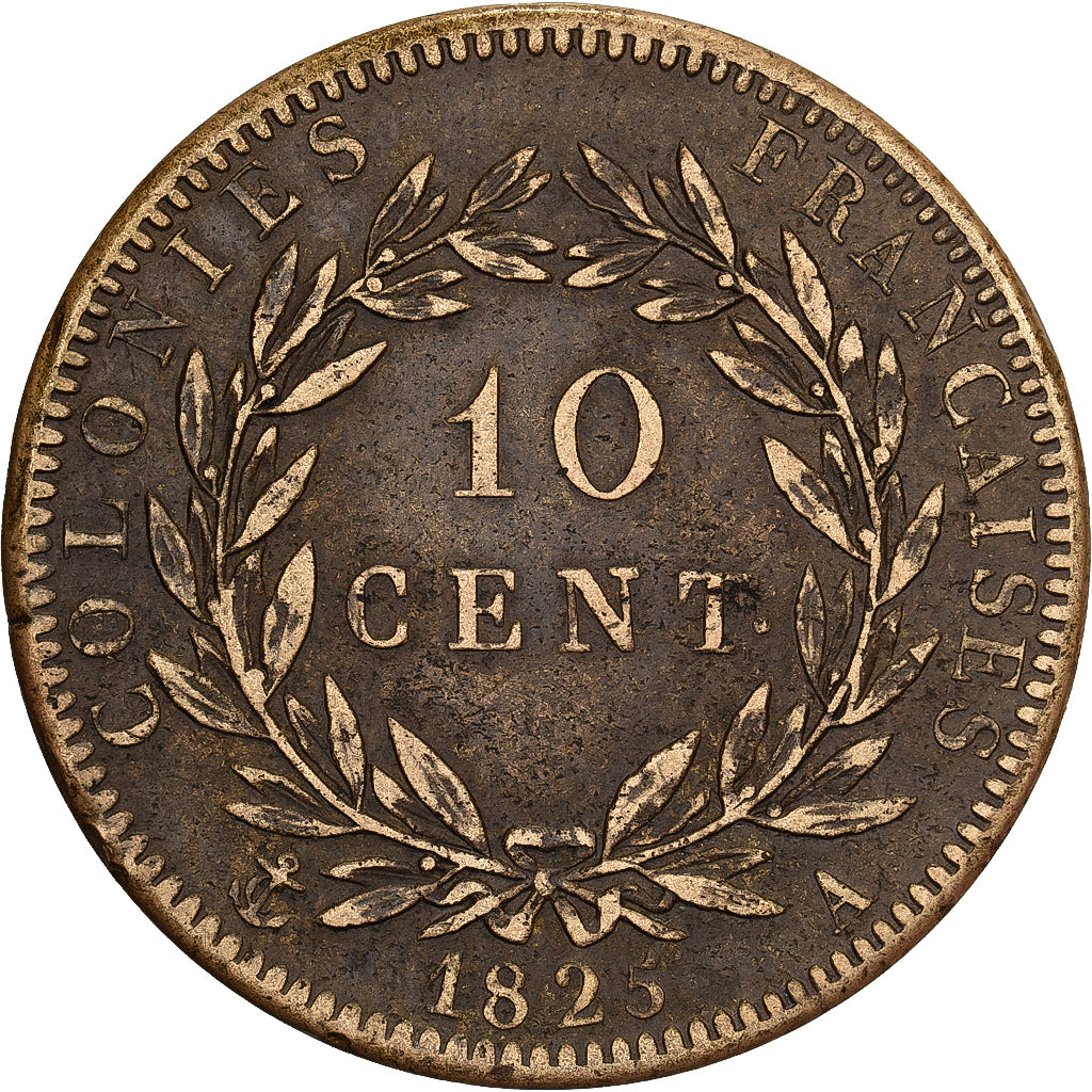 COLONIAS FRANCESAS, Charles X, 10 Centimes, 1825, Paris, Bronce, MBC