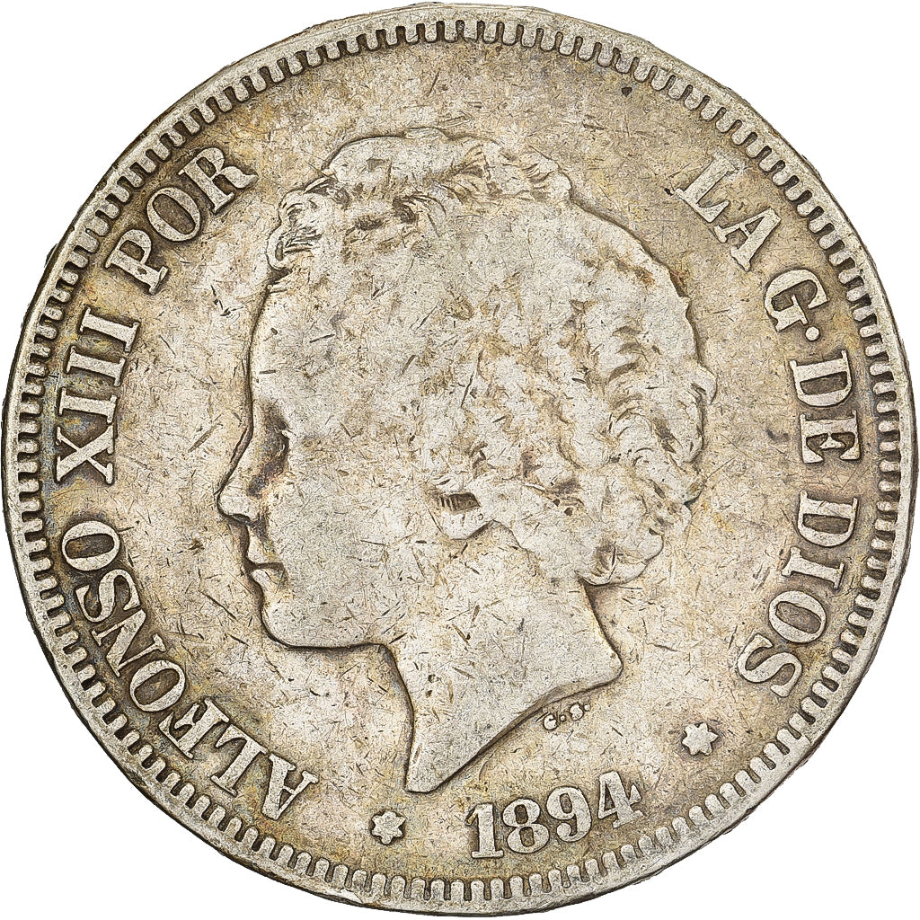 Spain, Alfonso XIII, 5 Pesetas, 1894, Valencia, Silver, VF(20-25), KM:700