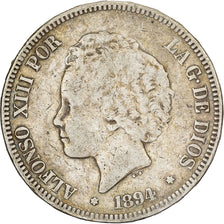 Spain, Alfonso XIII, 5 Pesetas, 1894, Valencia, Silver, VF(20-25), KM:700
