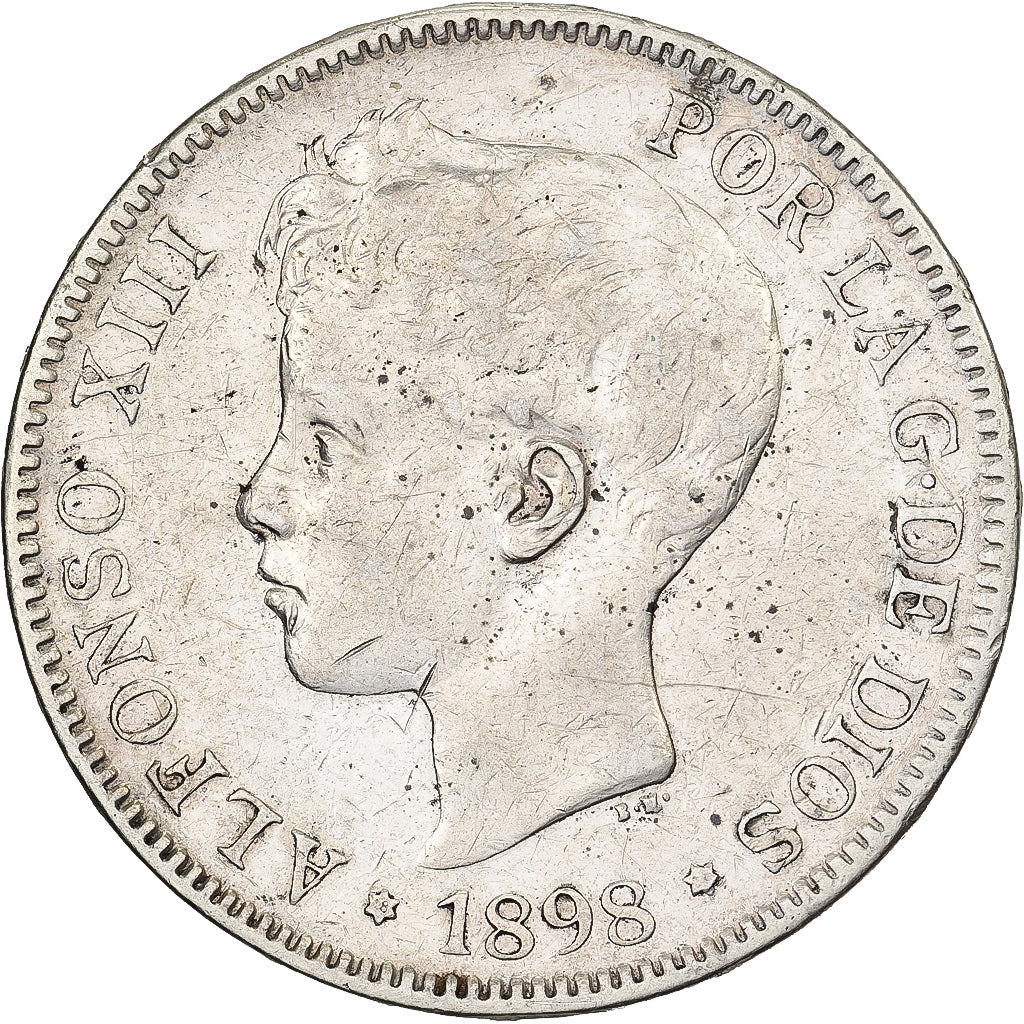 Spanje, Alfonso XIII, 5 Pesetas, 1898, Valencia, Zilver, FR+, KM:707