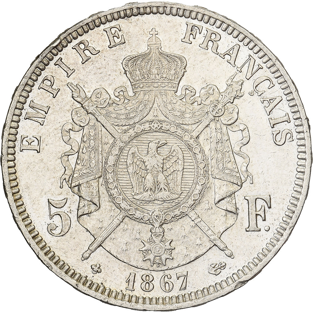 Francia, 5 Francs, Napoléon III, 1867, Strasbourg, Argento, BB+, KM:799.2