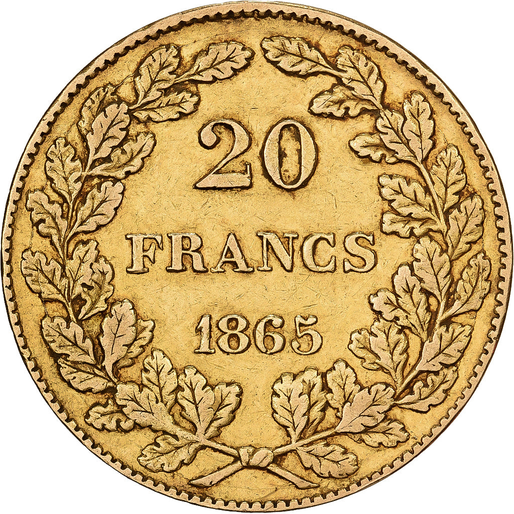 Belgio, Leopold I, 20 Francs, 1865, Brussels, Oro, BB, KM:23