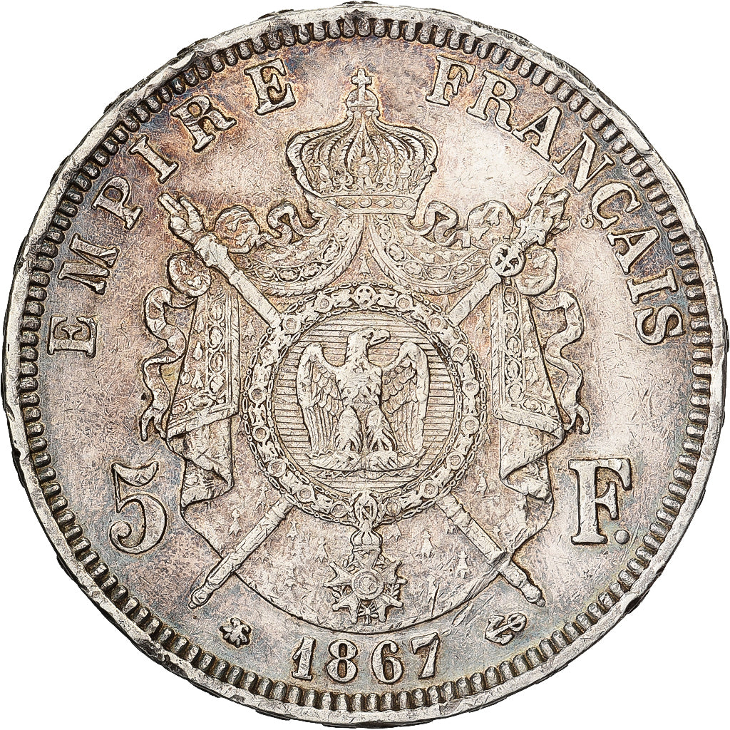 France, 5 Francs, Napoléon III, 1867, Strasbourg, Silver, AU(50-53), KM:799.2