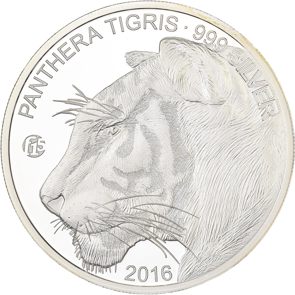 Lao, 500 Kip, Panthera Tigris, 2016, F15, Prata, MS(65-70)