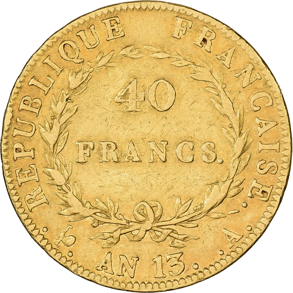 França, 40 Francs, Napoléon I, AN 13, Paris, Dourado, EF(40-45), Gadoury:1081