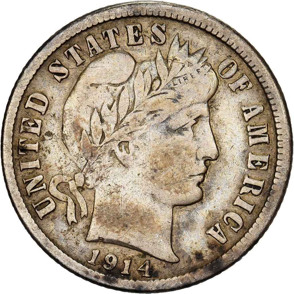 États-Unis, Dime, Barber, 1914, Philadelphie, Argent, TB+