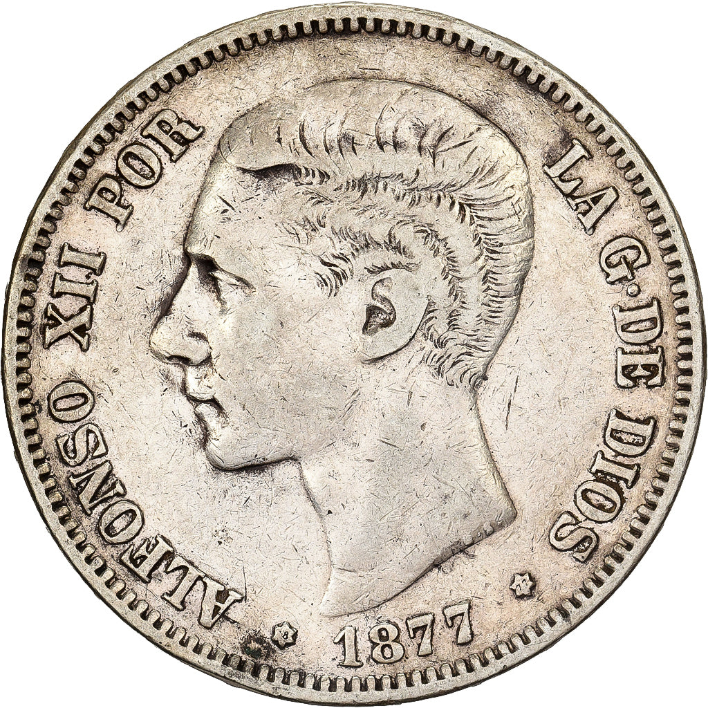 Spain, Alfonso XII, 5 Pesetas, 1877, Madrid, Silver, VF(30-35), KM:676