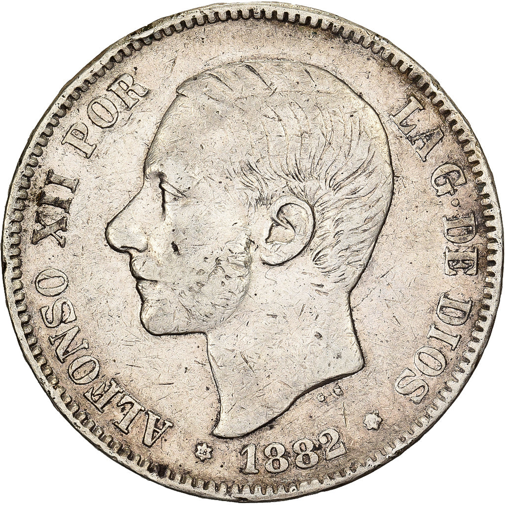 Espanha, Alfonso XII, 5 Pesetas, 1882, Madrid, Prata, VF(30-35), KM:688