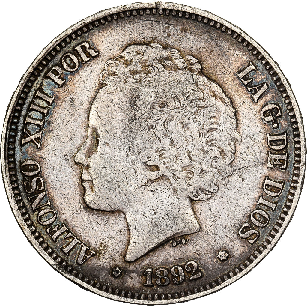 Espanha, Alfonso XIII, 5 Pesetas, 1892, Madrid, Prata, VF(30-35), KM:700