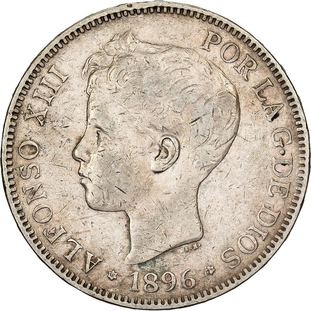 Spagna, Alfonso XIII, 5 Pesetas, 1896, Valencia, Argento, BB, KM:707