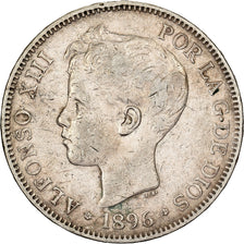 Spagna, Alfonso XIII, 5 Pesetas, 1896, Valencia, Argento, BB, KM:707