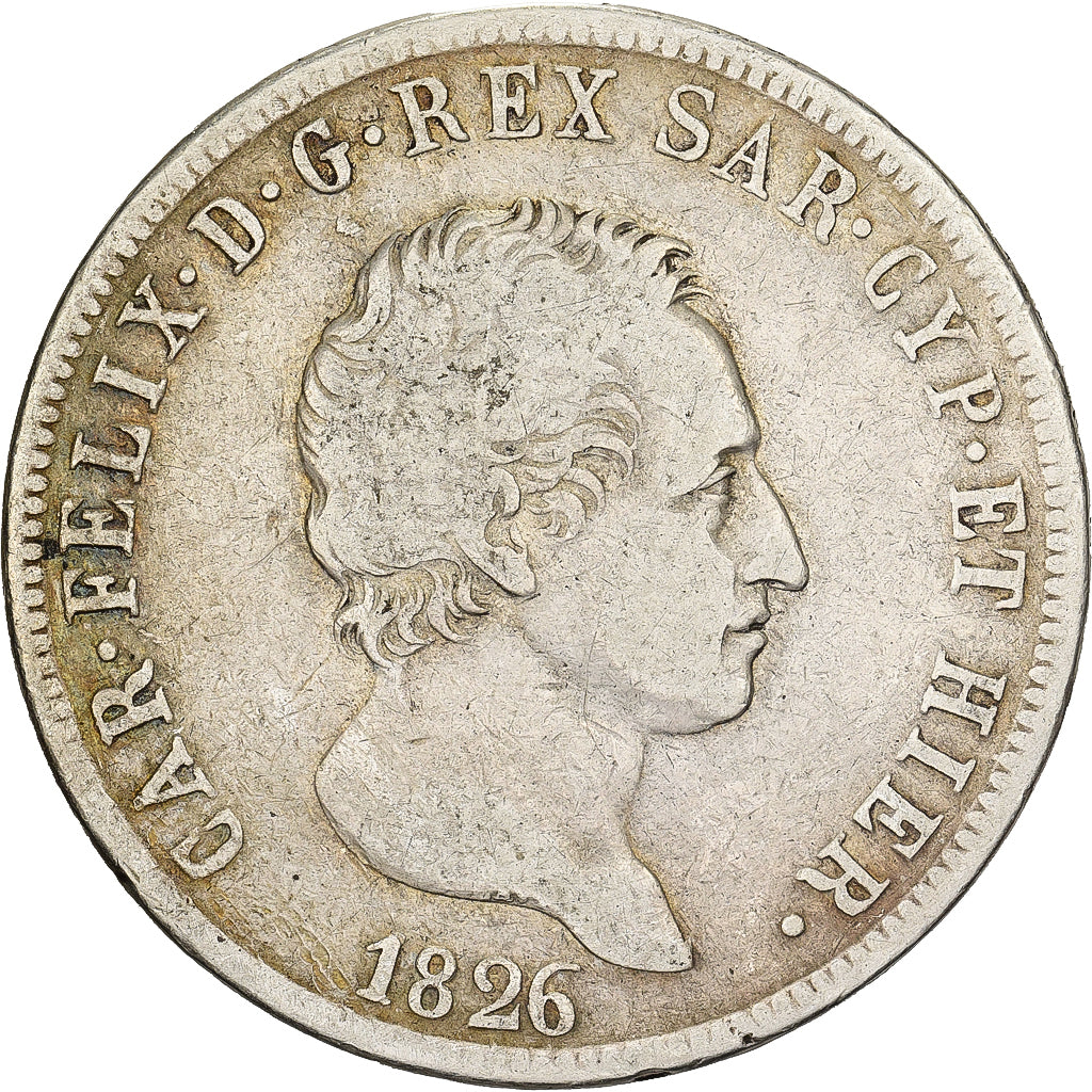 Italien Staaten, SARDINIA, Carlo Felice, 5 Lire, 1826, Torino, Silber, S