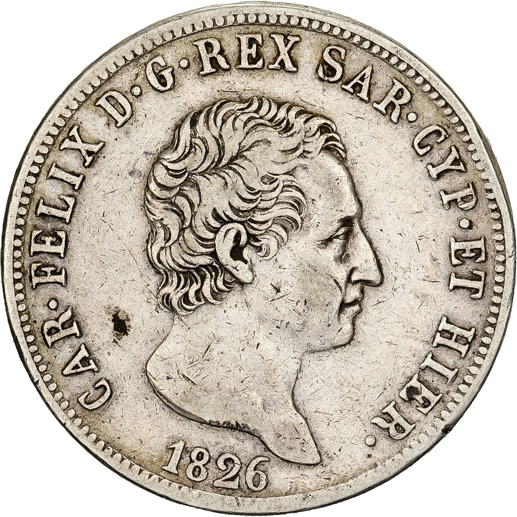 DEPARTAMENTY WŁOSKIE, SARDINIA, Carlo Felice, 5 Lire, 1826, Torino, Srebro