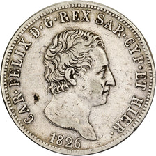 Italian States, SARDINIA, Carlo Felice, 5 Lire, 1826, Torino, Silver, VF(20-25)