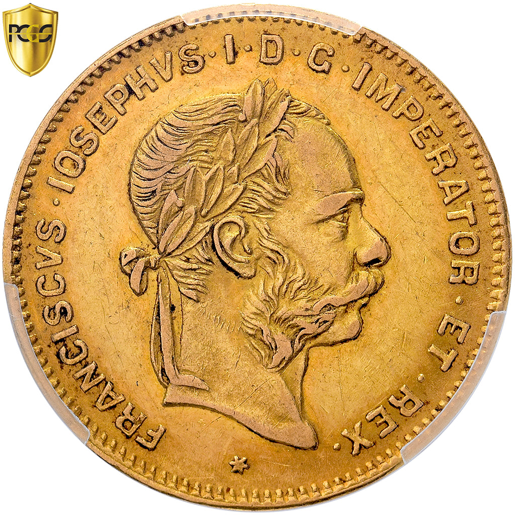 Áustria, Franz Joseph I, 4 Florin 10 Francs, 1889, Vienna, Dourado, PCGS, AU53