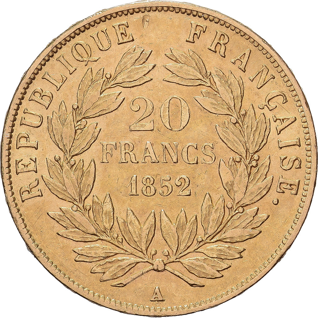 França, 20 Francs, Louis Napoléon Bonaparte, 1852, Paris, Dourado, AU(55-58)