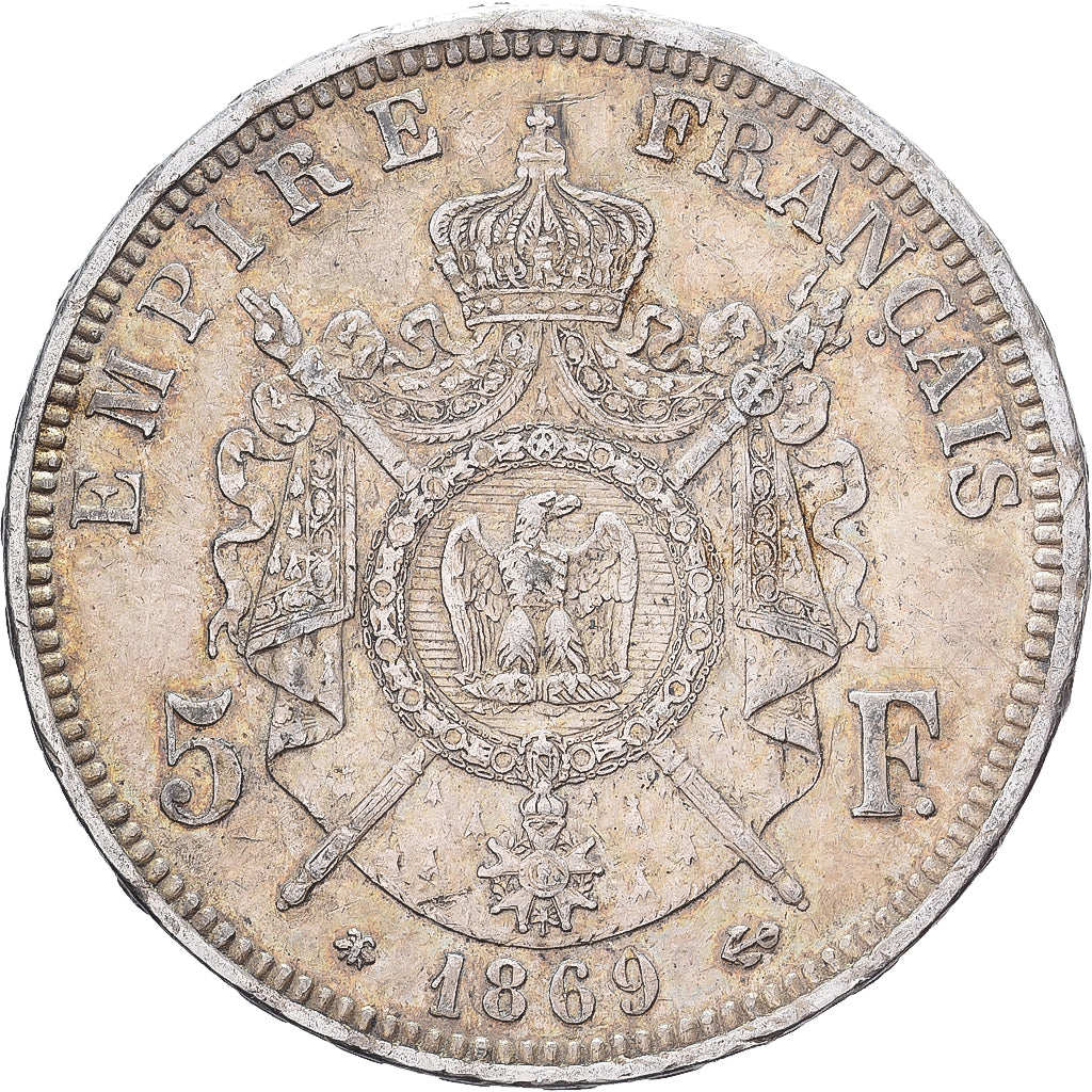 Francia, Napoleon III, 5 Francs, 1869, Paris, Argento, BB, KM:799.1