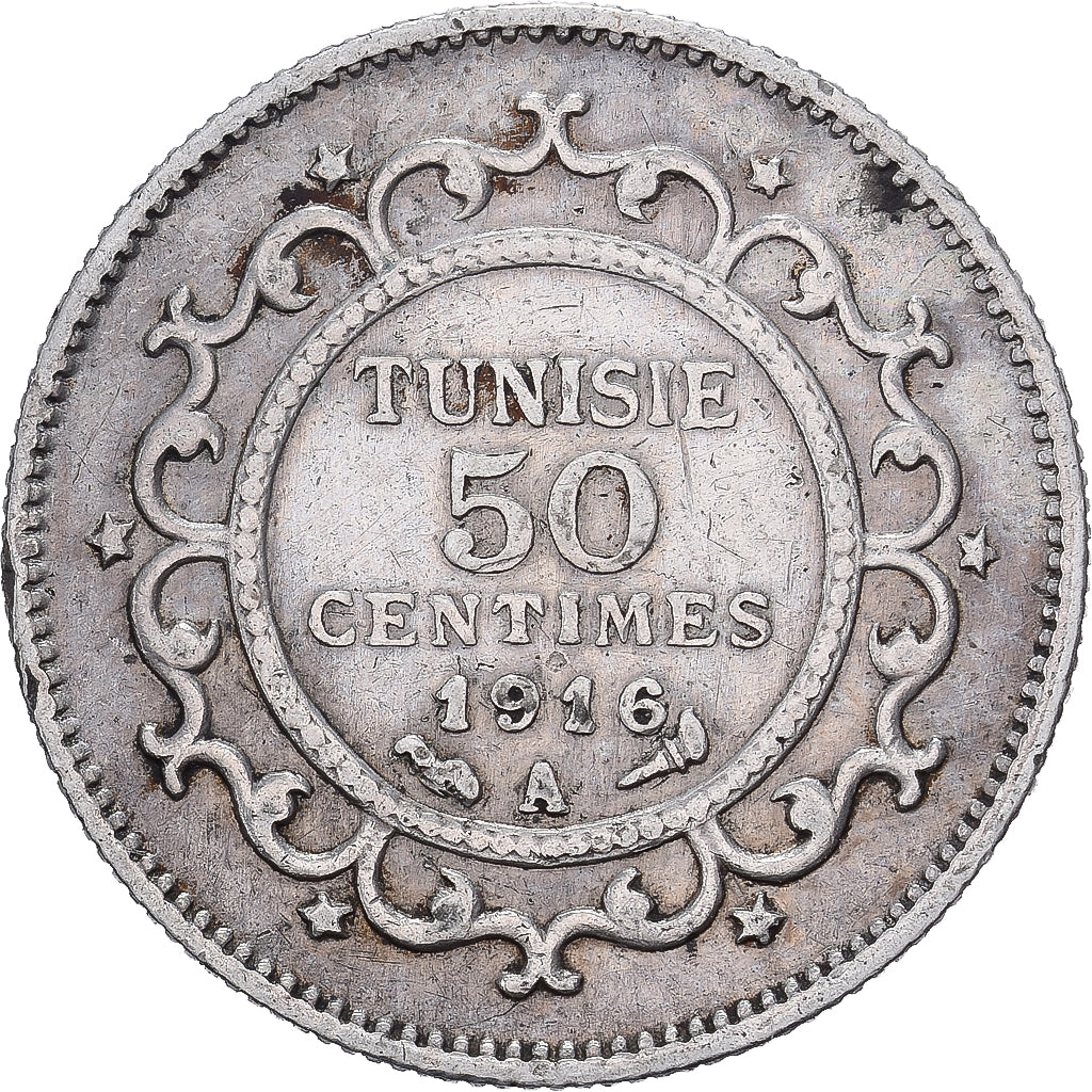 Tunisië, Muhammad al-Nasir Bey, 50 Centimes, 1916, Paris, Zilver, ZF+, KM:237
