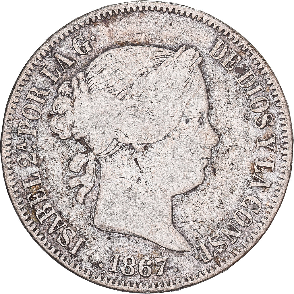 Spain, Isabel II, 2 Escudos, 1867, Madrid, Silver, VF(20-25), KM:629