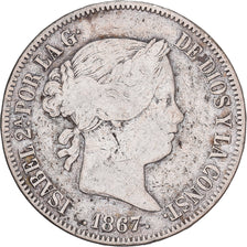 Spain, Isabel II, 2 Escudos, 1867, Madrid, Silver, VF(20-25), KM:629