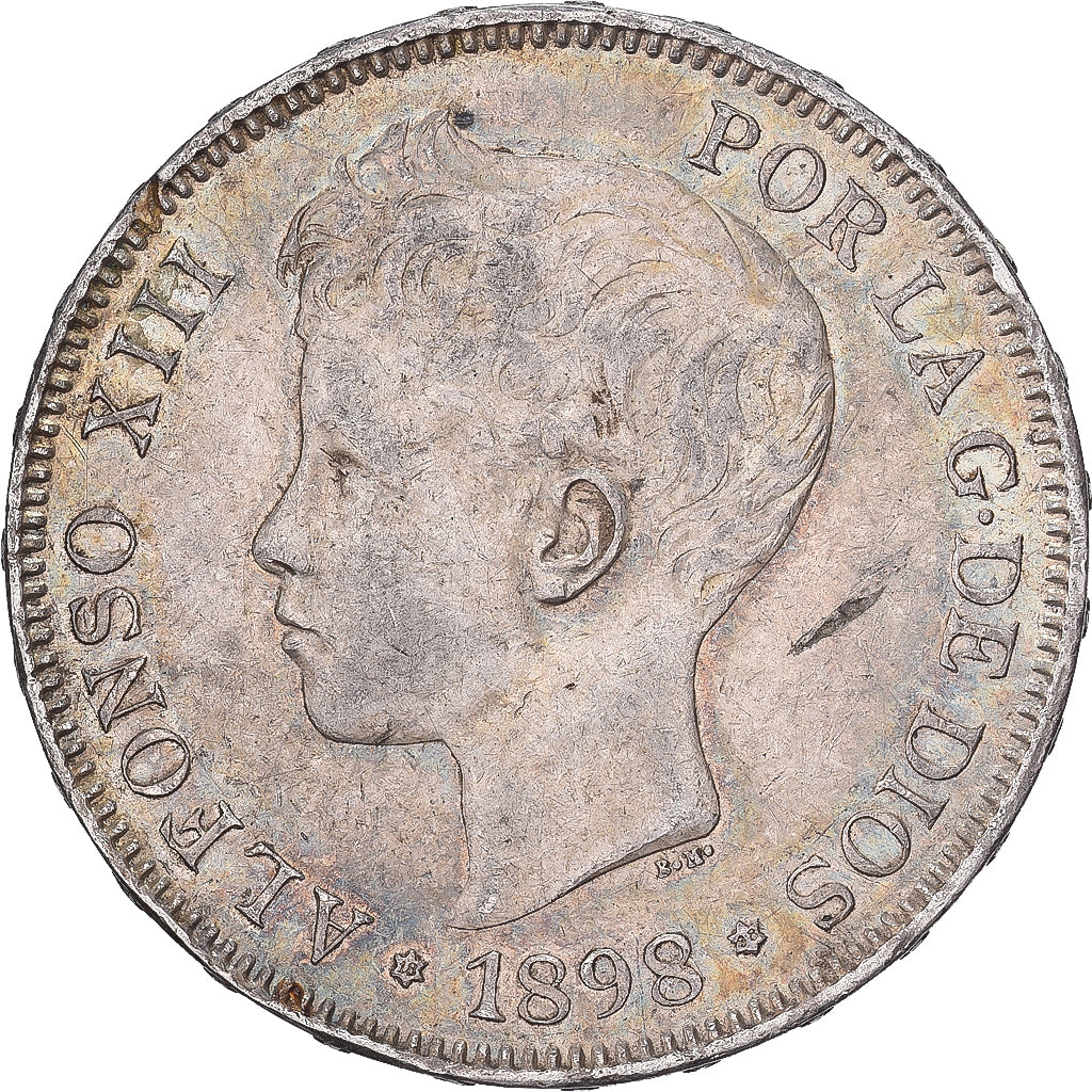 Spanje, Alfonso XIII, 5 Pesetas, 1898, Valencia, Zilver, PR, KM:707