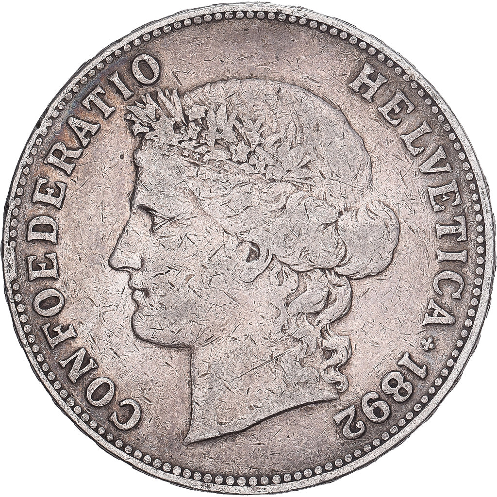 Suiza, 5 Francs, 1892, Bern, Plata, BC+, KM:34