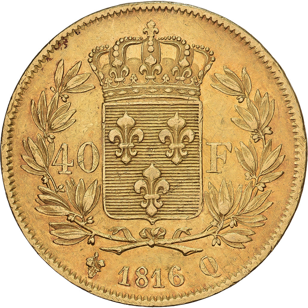 France, Louis XVIII, 40 Francs, 1816, Perpignan, Or, TTB+, Gadoury:1092