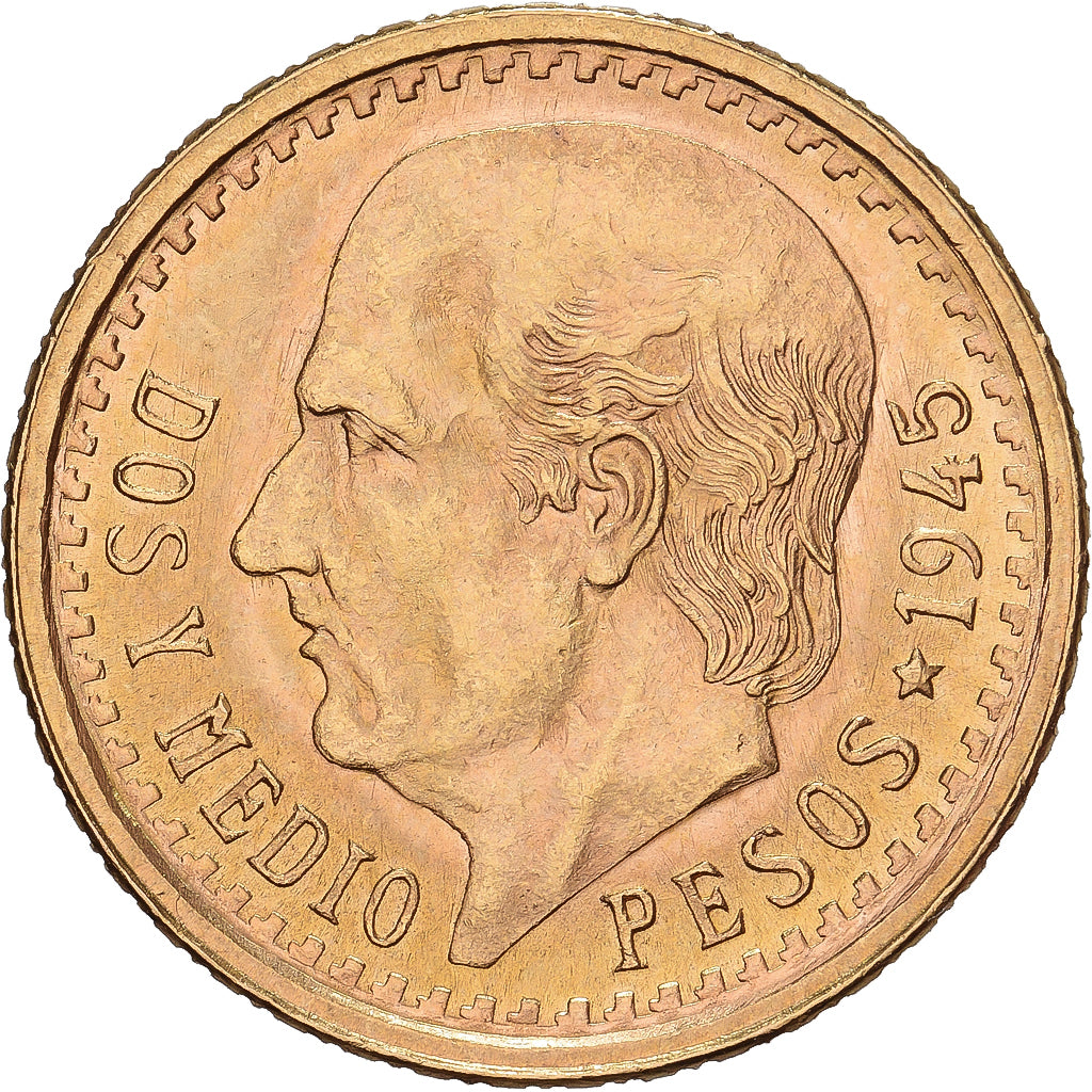 Mexico, 2-1/2 Pesos, 1945, Mexico, Gold, MS(63), KM:463