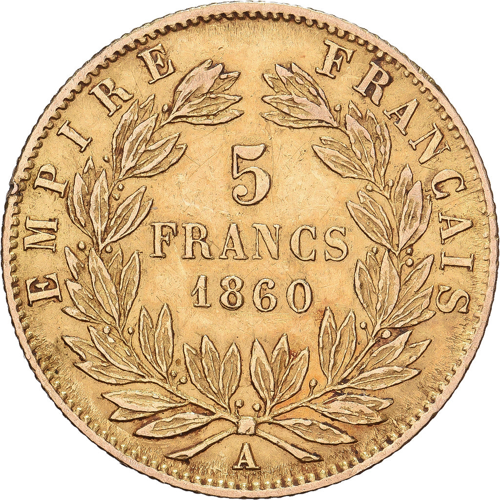 Frankrijk, Napoleon III, 5 Francs, 1860, Paris, Goud, ZF, KM:787.1