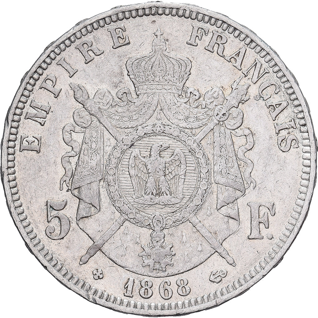 Francia, Napoleon III, 5 Francs, 1868, Strasbourg, Argento, BB+, Gadoury:739