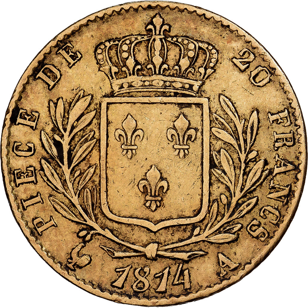 France, Louis XVIII, 20 Francs, 1814, Paris, Gold, VF(30-35), Gadoury:1026